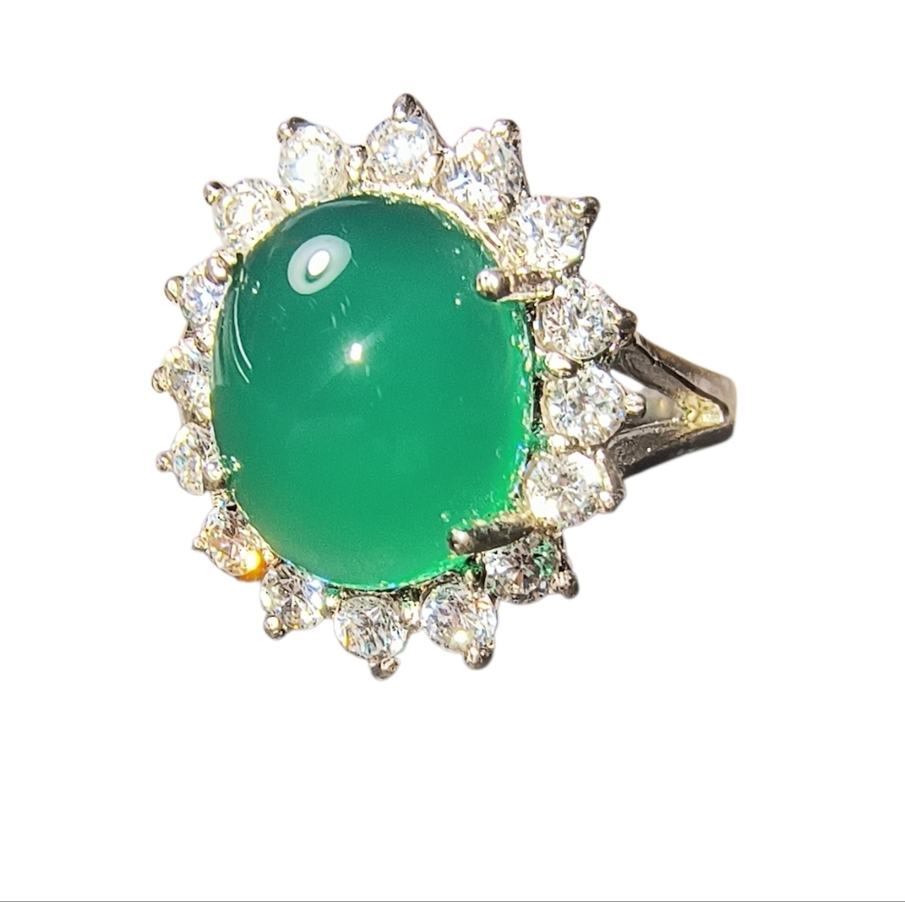 Sterling Silver Chrysoprase Halo Ring with Sparkling Clear Stones, Split Shank - Picture 2 of 11